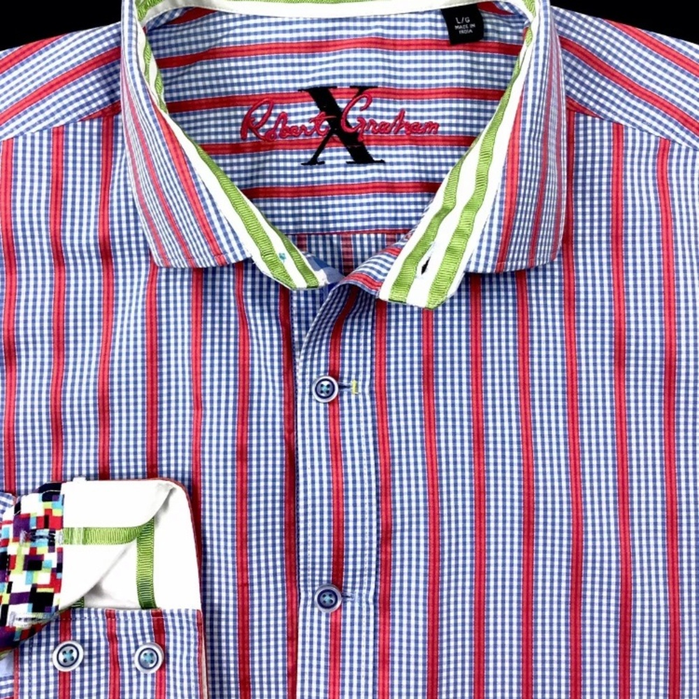 Robert Graham Mens Red Gingham Striped Button